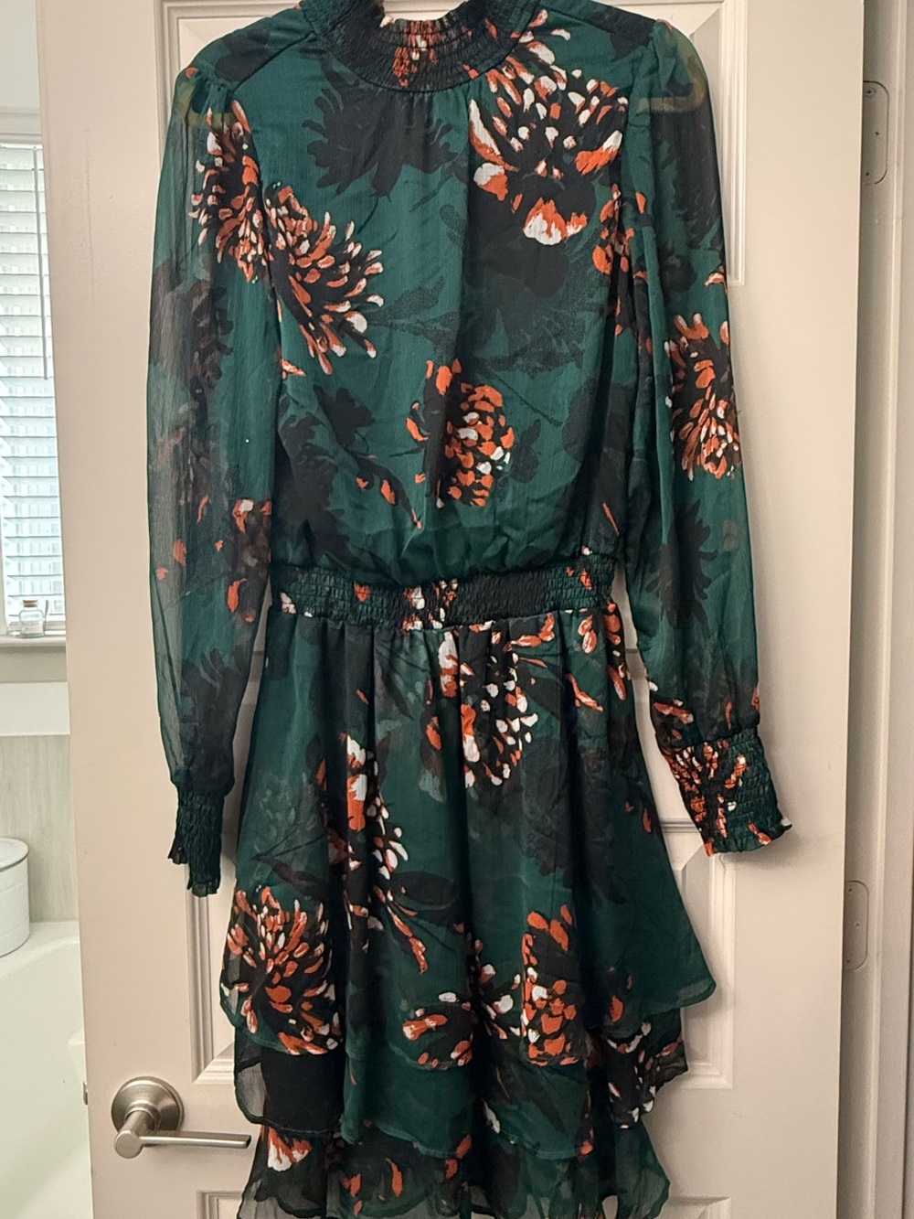 Green Floral Long-Sleeve Tiered Dress with Smocked Waist